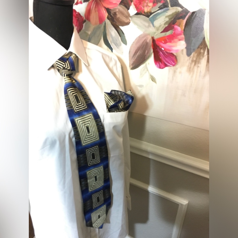 Blue and Gold Geometric Tie Set